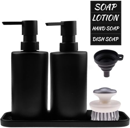 SenaiMy Seifenspender Schwarz 350ml Spülmittelspender Set mit Tablett Trichter Pinsel Modern Handseifenspender Reinigen Soap Dispenser Seifenspender für Küche Badezimmer Arbeitsplatte