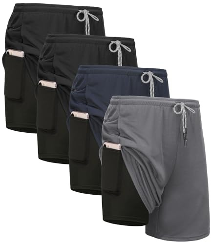 Kinglaman 4 Pack Mens 2 in 1 Running Workout Shorts with Liner, Gym Athletic Quick Dry Sport Shorts with Pockets 2 Black 1 Blue 1 Gray Small