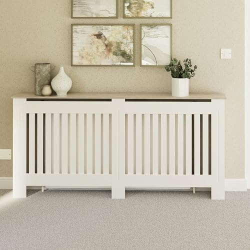 GFW Longslow Extra Large Radiator Cover with Vertical Slatted Design, Top Display Shelf, Durable Finish and Modern Radiator Cabinet, White
