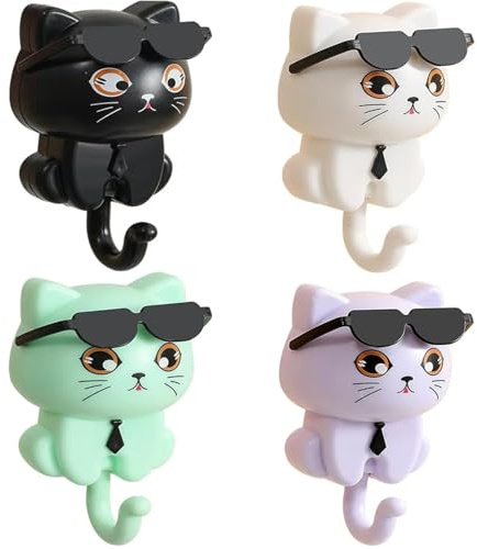 WWMH Haken zum Kleben, Katze Selbstklebende Haken, Klebehaken Kinder, Hakenleiste Selbstklebend, 4 Stück