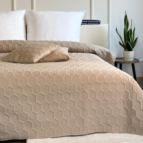 Euromat Tagesdecke Steppdecke Bettüberwurf Gesteppte Zweiseitig Tagesdecke mit 2 Kissenbezüge 40x40 cm- (Beige- Parla 3 D, 180x220 cm)