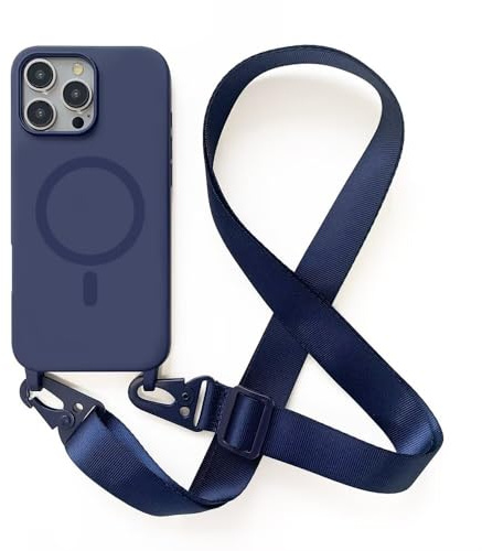 Leather Armor Handykette Hülle für iPhone 13 Pro(6.1) mit Band Halsband Lanyard (abnehmbar) Handyhülle, Verstellbarer Lanyard.Magnetisch Stoßfest Silikonhülle Wireless Charging kompatibel .-Blau