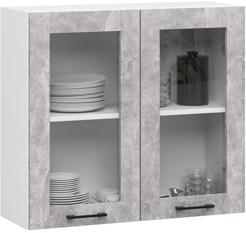 AKORD | Pensile da Cucina a Parete - Vetrina Sospesa in Vetro 80 cm, H720 | 2 Ripiani e 2 Anta Armadio da Cucina | Componibile Mobili da Cucine Armadi | Pannello laminato | Bianco & Cemento