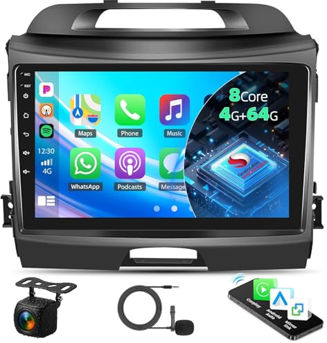 Qualcomm 8-Core 4G+64G Car Stereo for Kia Sportage 2010-2015 with Wireless CarPlay Android Auto 9 Touch Screen Bluetooth Android 15 Car Radio with GPS Sat Nav WiFi FM RDS Audio AHD Reverse Camera