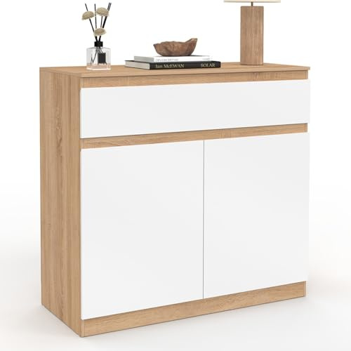 IDMarket - Armoire à Chaussures 12 Paires TOMI 2 Portes et 1 tiroir façon hêtre et Blanc