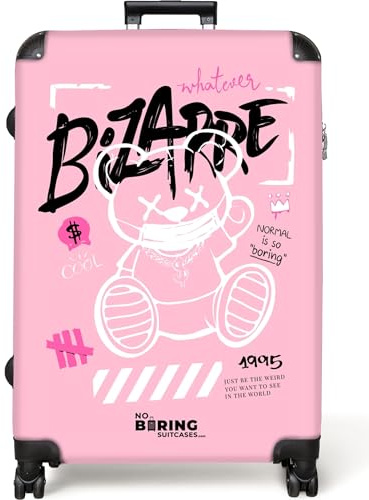 NoBoringSuitcases© Koffer Groß Hartschale Reisekoffer mit Rollen Leicht | 77x51.5x28 cm - Trolly Große XXL Hartschalenkoffer Street Art - Teddybär - Pink