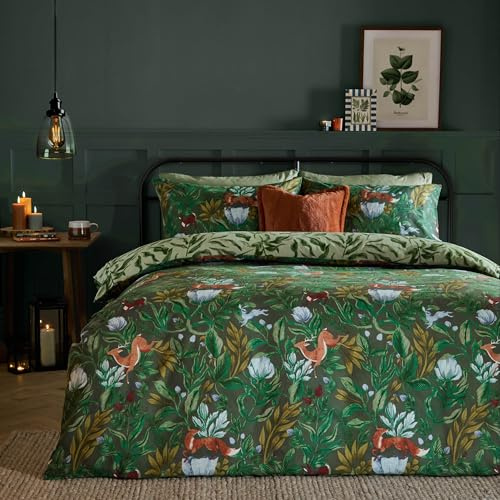 furn. Set copripiumino Into The Woods - Set di biancheria da letto reversibile in misto cotone con motivo animali del bosco (Verde Foresta - Singolo)