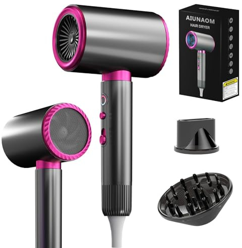 AIUNAOM 2400W Asciugacapelli Ionico, 3 velocità, temperatura regolabile, motore silenzioso costante,con diffusore e concentratore, phon capelli professionale adatto sia a casa che in viaggio