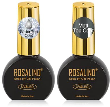 ROSALIND Purpurina y Mate Top Coat Pintauñas Semipermanentes 2 Piezas 10ML | Esmalte Semipermanent Glitter Matte Top Coat Soak-Off UV LED Capa Superior Pintauñas Gel Nail Art Manucura Set