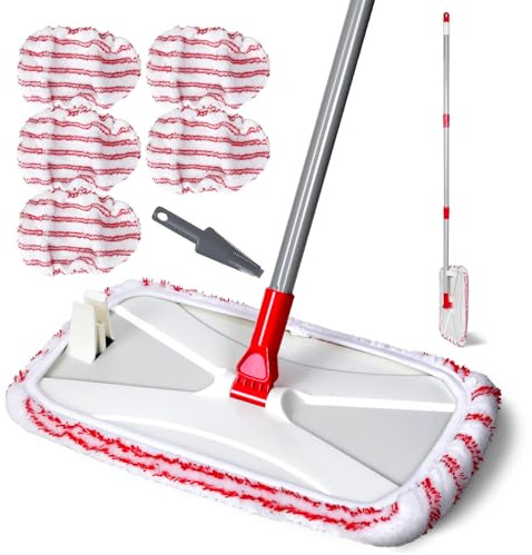 OZD Large Flat Mop, Microfibre Mop with 5 Reusable Pads, 40×21cm Mop Head | Mops for Cleaning Floors, 360°Swivel Head, Adjustable Handle for Hardwood Laminate Tile Vinyl Floors, Send a Scraper Tool