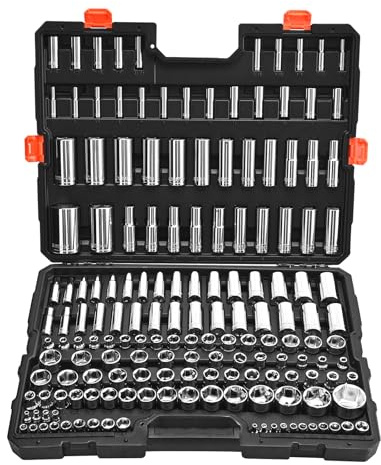VEVOR Juego de Vasos 163 uds, con Impulsores de 9,53 mm, 6,4 mm y 12,7 mm, SAE y Métricos, Profundos y Estándar, con Estuche, Acero de Aleación CR-V Cromado, 535 x 410 x 89 mm, para Reparaciones