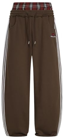 Aelfric Eden Joggingbyxor med rutig lappteknik för herrar, lapptäcke-sweatpants för damer, fritidsbyxor, lediga sportbyxor, streetwear med hög midja, bekväma, vida byxor, BRUN, XS