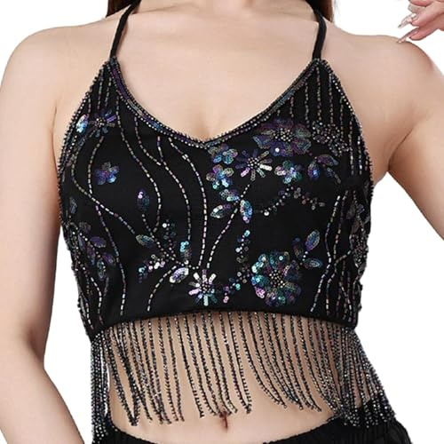 Qianly Top Crop Belly Dance Regolabile con Frange Brillanti E Coppa Integrata Tessuto Poliestere Traspirante Adatto per Donna Ballo Spettacolo Serata, Nero