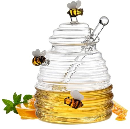 zidiau Glass Honey Pot With Dipper, Beehive Shape Honey Jar With Lid For Home Kitchen