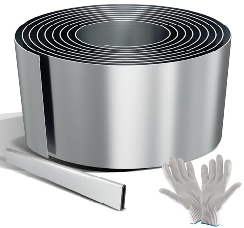 Peviasot Rasenkante 15 m, 15 cm hoch, Beeteinfassung aus Metall, 0,3 mm Stahl mit umgelegten Kanten, Silber verzinkt, inkl. Verbinder und Handschuhe, Beetumrandung