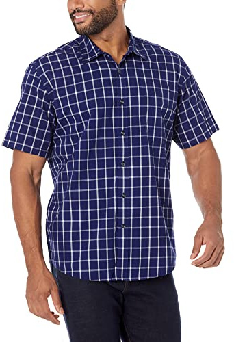 Amazon Essentials Camisa de Popelín de Manga Corta de Ajuste Normal Hombre, Azul Marino Cuadros Ventana, XL