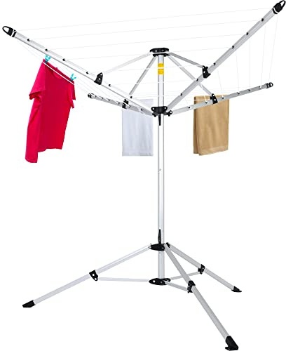 JS HANGER Drying Natural Clothes Airer Outdoor Portable 4-arm Aluminum Drying Rack w/Ground Stake, Carry Bag, 28-Lines with 65 ft. Umbrella Clothesline