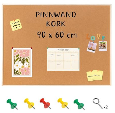 Creative Home 90x60 cm Große Pinnwand Kork | inkl. 5 Pinwandnadeln | Korkwand Korktafel Holzrahmen Memoboard | Hergestellt in der EU | Ideal für Büro, Schule, Schlafzimmer und Heim