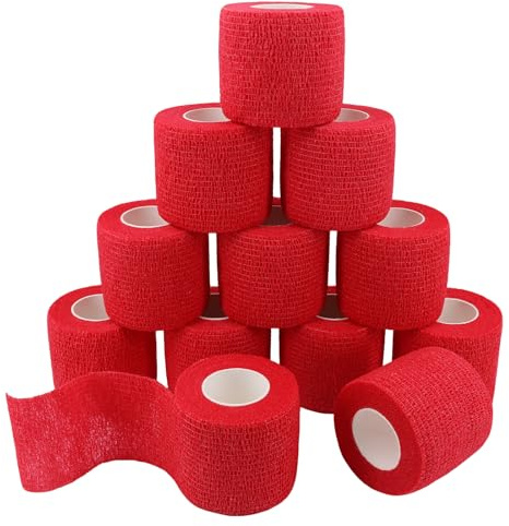 12 Rotoli Benda Elastica Bendaggio Adesiva Salvapelle Sport Nastro 5cm 4,5m | Bendaggio Coesivo Salvapelle Fasciature per Sport, Primo Soccorso, Mani, Piedi, Ginocchia, Vet Wrap per Cani e Cavalli Rosso