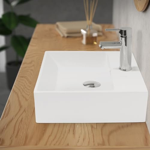 ECD Germany Waschbecken Waschtisch 415x360x130 mm aus Keramik Eckig Weiß - Aufsatzbecken Aufsatzwaschbecken Handwaschbecken Aufsatzwaschtisch Spülbecken Becken Wasserfall Waschschale Waschschüssel