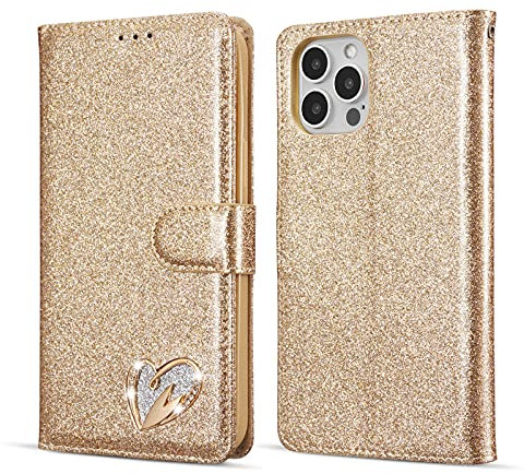 QLTYPRI Case for iPhone 12 Pro Max, Glitter PU Leather TPU Bumper Card Holder Wrist Strap Wallet Case with Inlaid Heart Diamond Flip Cover for iPhone 12 Pro Max (6.7 inch) - Gold