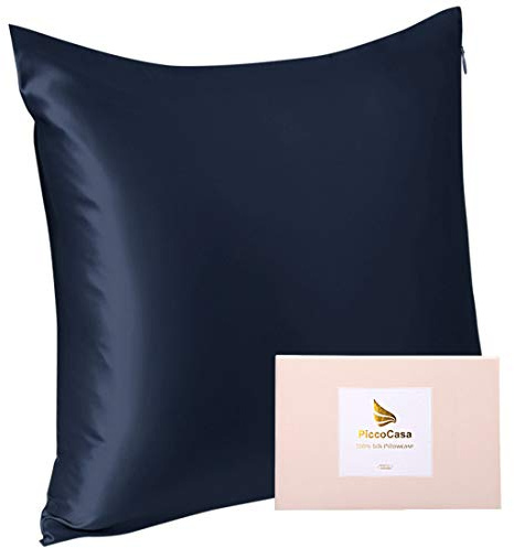 PiccoCasa Seide Kissenbezug 40x40 Seidenkissenbezug aus 100% Seide 22 Momme kopfkissenbezug Haare und Hautpflege mit Reißverschluss & Geschenkbox Marineblau 40x40cm