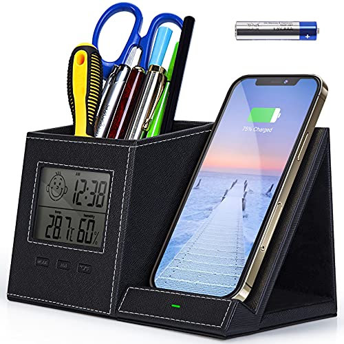 Multifunctional Pen Holder and Organizer for Desk with Wireless Charger, Digital Indoor Thermometer and Humidity Gauge, Home Office Organizers and Storage (Battery Included)