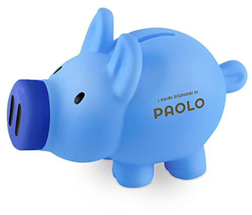 Maverton Salvadanaio Porcellino - Azzurro - Personalizzazione ad Incisione Laser - 8x10x12 cm - in Polietilene - Apribile - Salvadanaio - per il bambino - Risparmi