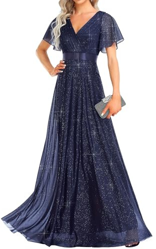 Ever-Pretty Prom Dresses for Women A Line V-Neck Empire Waist Long Dress Navy Blue 18