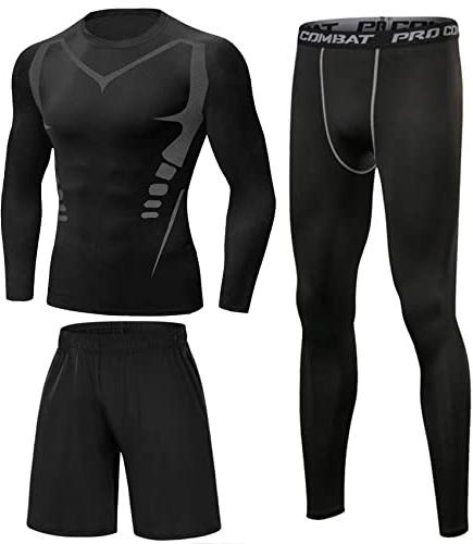 Terecey 3 Pezzi Completo Palestra Uomo, Tuta Compressione Corsa Running Asciugatura Rapida Maglietta Pantaloncini Sportivo Leggings Grigio - 3XL