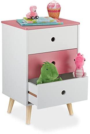 Relaxdays Comodino per la Cameretta dei Bambini, Scaffale a 3 Cassetti, HLP 61,5x38x30 cm, MDF, Legno Pino, Bianco Rosa, Fibra