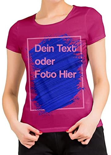 BLAK TEE Damen Personalisierbares T-Shirt Selbst Gestalten mit Foto und Text T-Shirt Fuchsie L