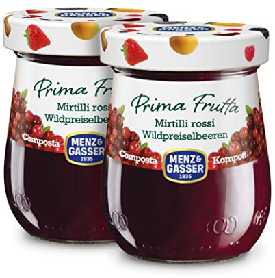 Menz&Gasser, Composta di Mirtilli Rossi Prima Frutta, Realizzata con Frutta di Alta Qualità IQF, Lavorata con Passione in Trentino-Südtirol, Senza Glutine, Vegan, 2 Vasi da 300 g