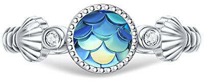 Meerjungfrauen Ring Damen 925 Sterling Silber Verstellbarer Blau Meerjungfrauen Ring mit Muschel offener Ring Meeres Schmuck Geschenk für Damen Kinder Teenager Mädchen