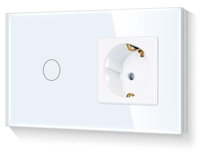 LIAONFOY 1 Weg Normaler Touch Lichtschalter mit Steckdose Kindersicherung Glasrahmen Unterputz Wandsteckdose Weiß 2Fach 300 W 110-250V 157mm