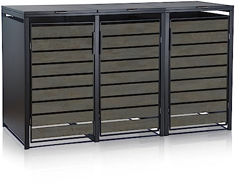 Zelsius Mülltonnenbox 3er für 3 Mülltonnen | 120-240 Liter | Anthrazit RAL 7016 | Tür in dunkelgrauer Holzoptik inkl. Erweiterungsmöglichkeit | Mülltonnenhäusschen, Mülleimerboxen