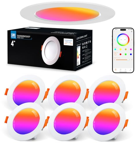VARICART Smart LED Downlights for Ceiling, RGB Colour Changing Spot Lights | Compatible with Alexa, 10W 1000LM, Dimmable Recessed Ceiling Lights Daylight White 5000K, for Living Room Bedroom, 6 PCS