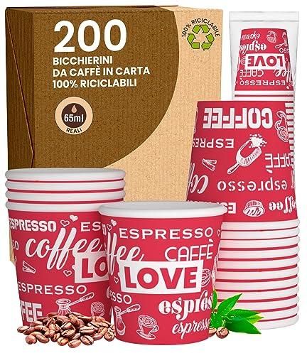 LoveRedCUP Lot de 200 verres en papier à café 65 ml Verres écologiques biodégradables jetables pour petites boissons chaudes