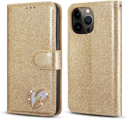 QLTYPRI Wallet Case for iPhone 15 Pro Max, Glitter PU Leather Case TPU Bumper Card Holder Kickstand Wrist Strap Inlaid Heart Diamond Flip Folio Cover for iPhone 15 Pro Max - Gold