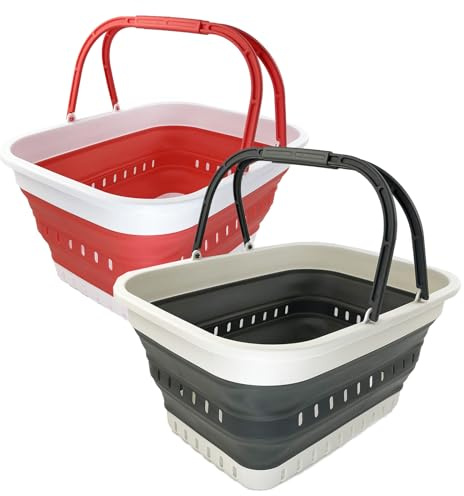 SAMMART 26L zusammenklappbarer Kunststoff-Wäschekorb mit Griff – faltbarer Pop-Up-Aufbewahrungskorb mit Griff (Verwaschenes Schwarz+Korallenrosa (2er-Set))