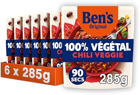 Ben's Original Plat Chili Veggie 100% Végétal Pack de 6 - 6x285g | Plat complet 100% végétal Chili Veggie en lot de 6 sachets. Idéal pour un repas sain et rapide.