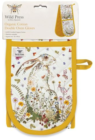 Double Oven Gloves - Organic Cotton - Floral Design - Wildflower Hare and Butterflies - Stylish Kitchenware