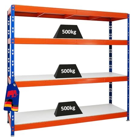 PROREGAL Étagère Charge Lourde Rhino | HxLxP 180x200x60cm | 4 Niveaux en mélamine 16mm | 500kg par Niveau | Bleu/Orange | Étagère de Garage étagère de Rangement Stockage rayonnage