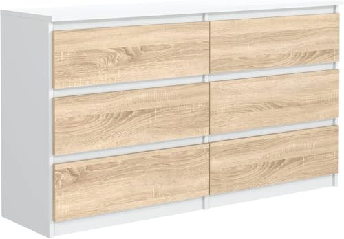 MebLocker Kommode 140 cm, 6 Schubladen, Weiß Sonoma | Sideboard, Wohnzimmer Flur Schlafzimmer, Moderne Schlafzimmermöbel, Kommodenschrank 138,6x78,5x39 cm