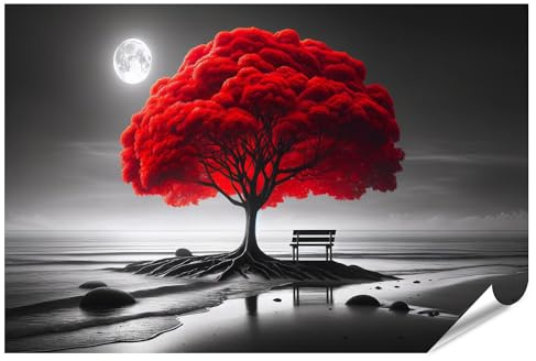 islandburner Prime XXL Bild Poster Leuchtend Roter Baum an Einem Monochromen Strand Mit Mond Premium Bilder Fotodruck