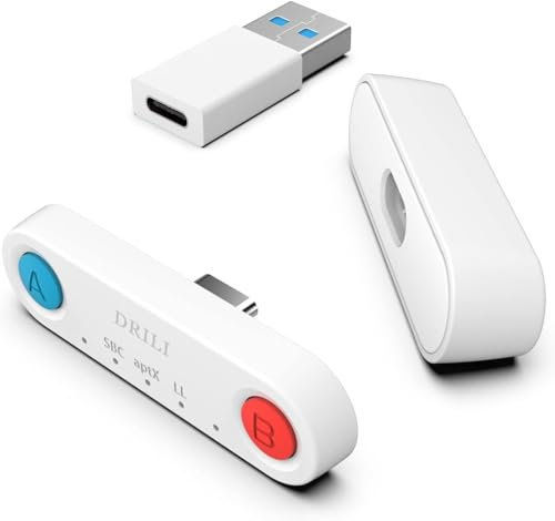 DRILI Low Latency Bluetooth Audio Transmitter, USB C Headphone Adapter with aptX Low Latency Support for PS4/PS5/Switch/PC, White, 1 Count