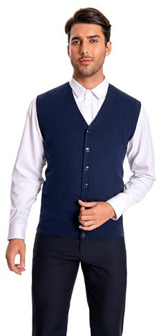 WOSICA Men's 100% Cashmere V Neck Vest (Navy M)