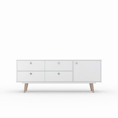 TV Schrank VERONICA, lackiert Weiß, 1 Tür, 4 Schubladen, skandinavisches Sideboard, 200 x 66 x 43 cm