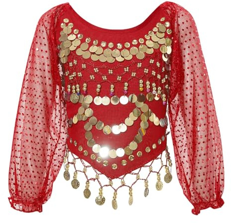 Bauchtanz-Top für Damen, Puff-Langarm-Chiffon-Pailletten-Tanz-Shirts, Glitzermünzen, Quasten, Bluse für Festival, Clubbing, selbstbindend, Tribal-Crop-Top für Bauchtanz-Performance-Outfit, rot, One