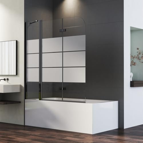 Duschwand für Badewanne 3-teilig 160x140cm Faltbar Schwarz Duschtrennwand mit festem Segment, Gestreift Glas Duschabtrennung mit 6mm ESG Glas, Badewannenwand Sicherheitsglas Badewannenaufsatz
